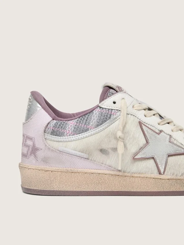 Zapatillas Ball Star LAB para mujer en nailon blanco y piel de potro con estrella plateada e inserciones lilas
