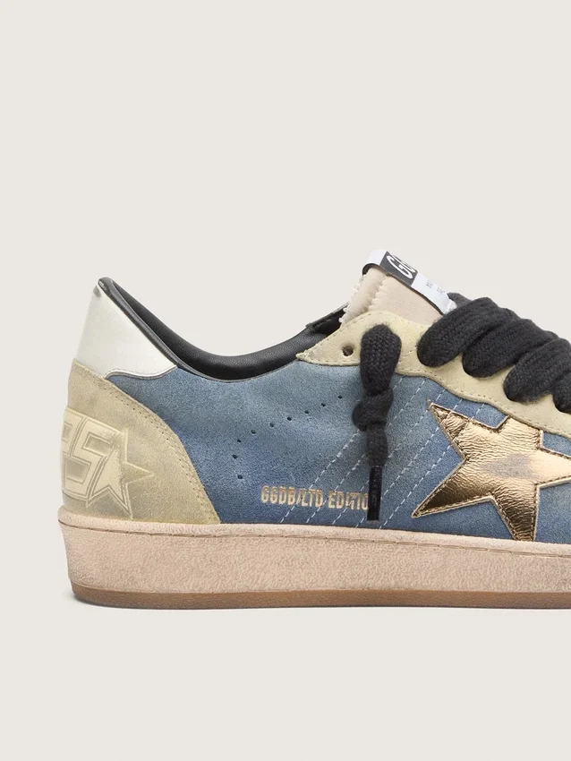 Zapatillas Ball Star LTD para hombre en ante azul vaquero con estrella de piel dorada metalizada