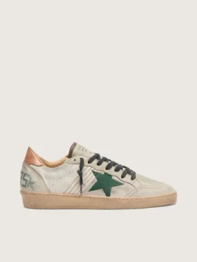 Zapatillas Ball Star LTD para hombre en piel de potro blanca y ante gris con estrella verde