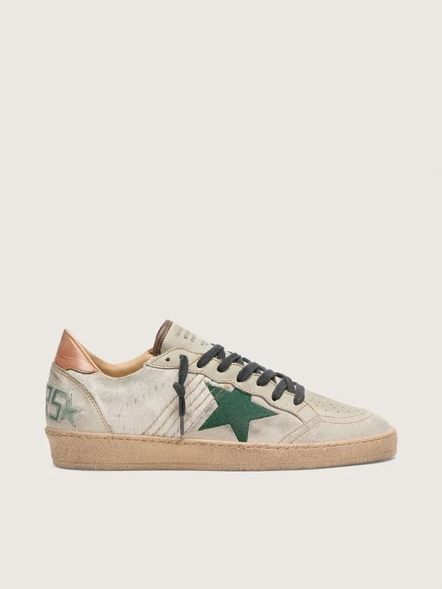 Zapatillas Ball Star LTD para hombre en piel de potro blanca y ante gris con estrella verde