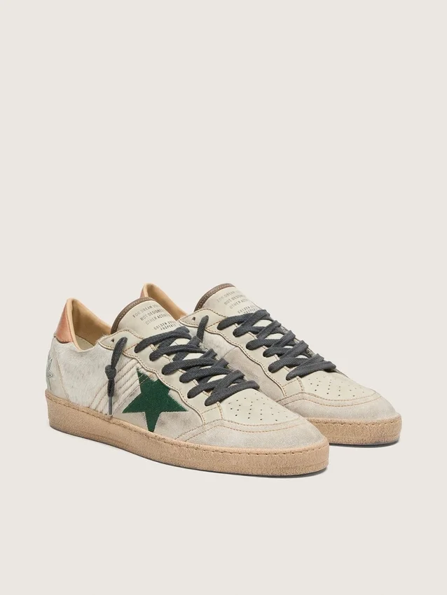 Zapatillas Ball Star LTD para hombre en piel de potro blanca y ante gris con estrella verde