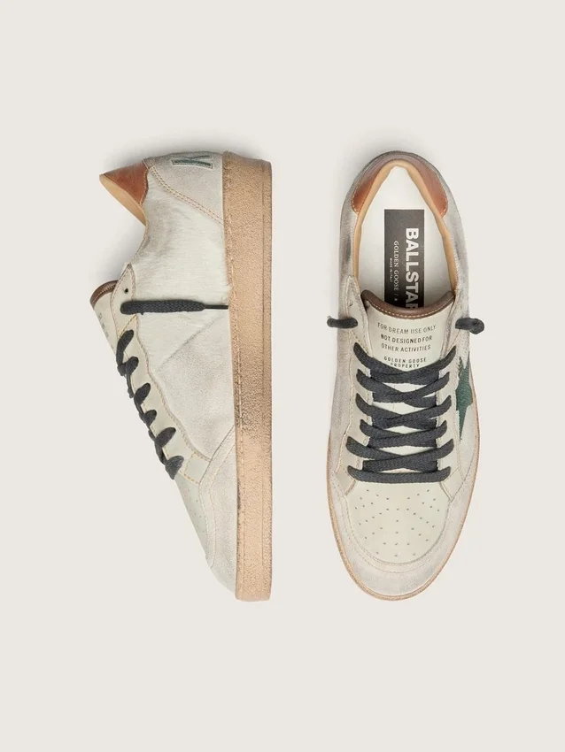 Zapatillas Ball Star LTD para hombre en piel de potro blanca y ante gris con estrella verde
