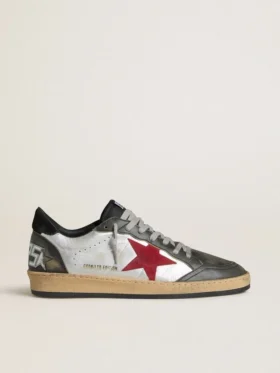 Zapatillas Ball Star LTD para hombre en piel laminada plateada con estrella de ante rojo e inserciones negras