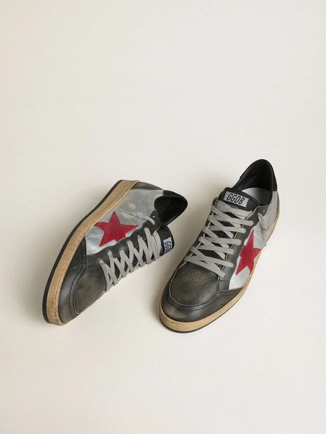 Zapatillas Ball Star LTD para hombre en piel laminada plateada con estrella de ante rojo e inserciones negras