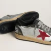 Zapatillas Ball Star LTD para hombre en piel laminada plateada con estrella de ante rojo e inserciones negras