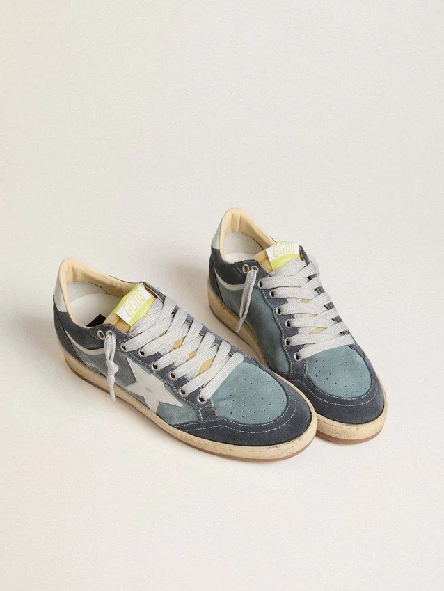Zapatillas Ball Star LTD para mujer en ante azul claro con estrella y lengüeta del talón de piel blanco leche