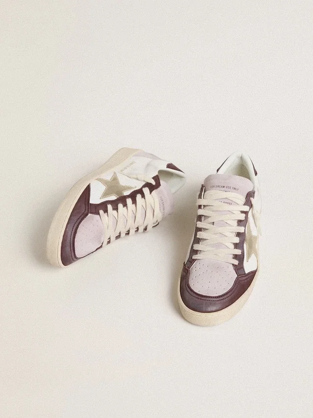 Zapatillas Ball Star LTD para mujer en napa con estrella de piel con lámina de platino y lengüeta del talón de piel nobuk burdeos