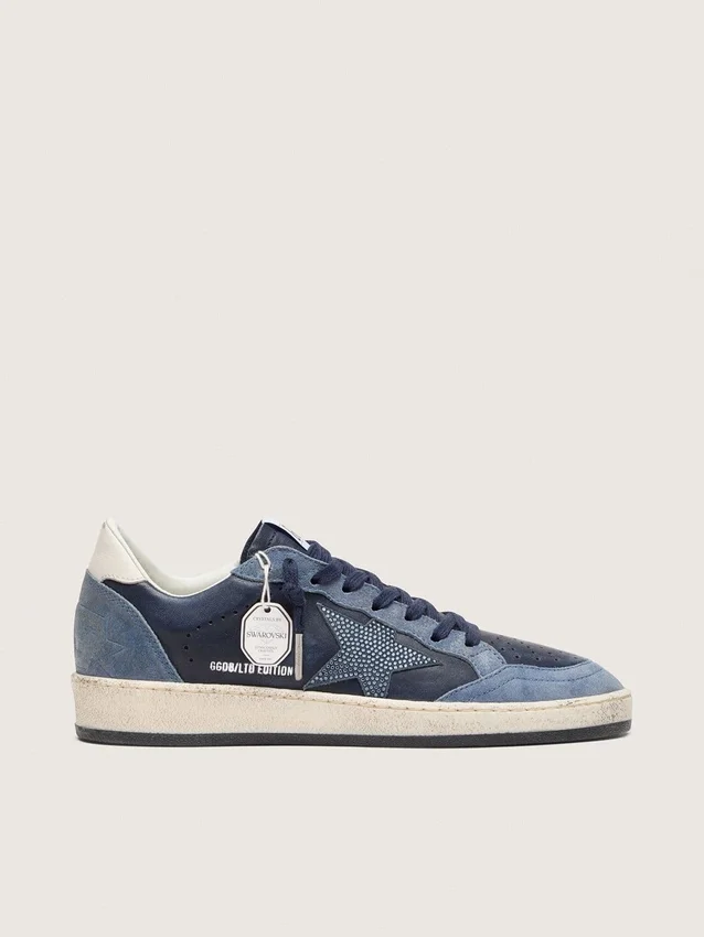 Zapatillas Ball Star LTD para mujer en piel azul oscuro con estrella de cristales Swarovski azul claro e inserciones de ante