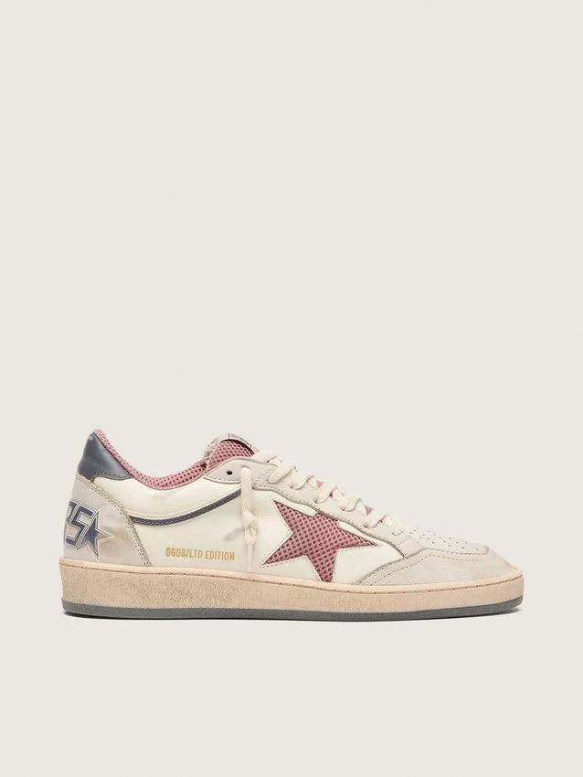 Zapatillas Ball Star LTD para mujer en piel beige con estrella de malla rosa y lengüeta del talón de piel azul