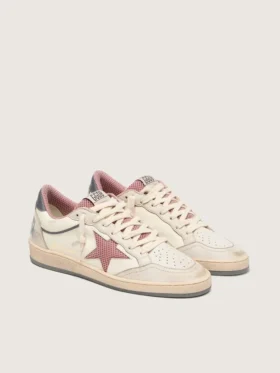 Zapatillas Ball Star LTD para mujer en piel beige con estrella de malla rosa y lengüeta del talón de piel azul