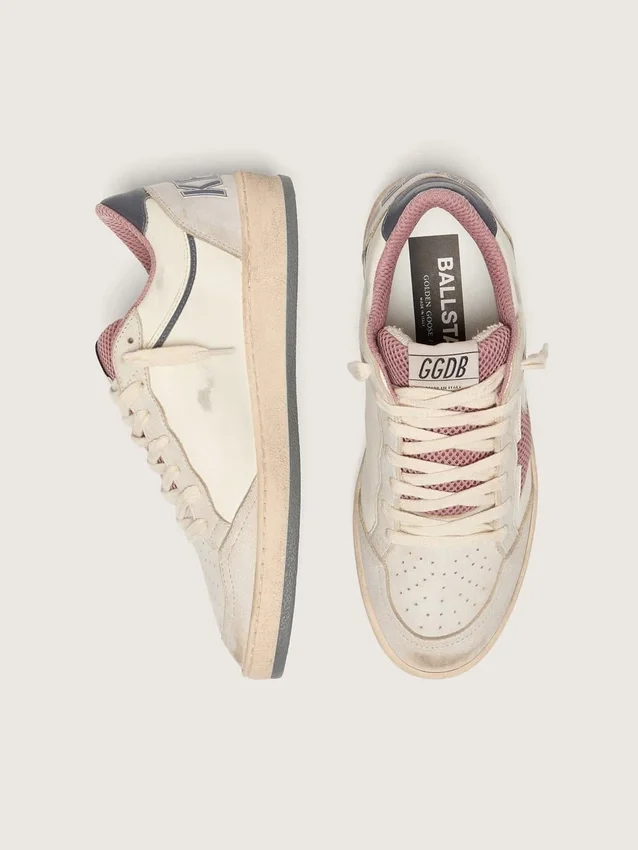 Zapatillas Ball Star LTD para mujer en piel beige con estrella de malla rosa y lengüeta del talón de piel azul