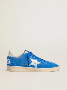 Zapatillas Ball Star para hombre en ante azul claro con tachuelas y estrella de piel metalizada plateada