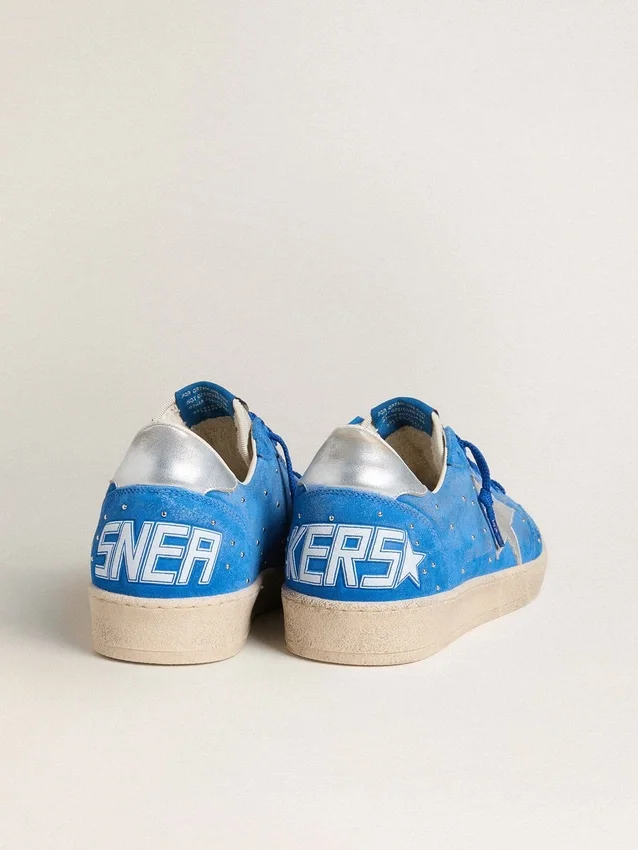 Zapatillas Ball Star para hombre en ante azul claro con tachuelas y estrella de piel metalizada plateada