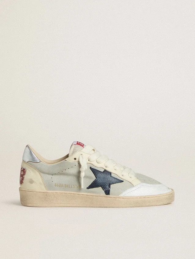 Zapatillas Ball Star para hombre en ante gris con estrella de nubuck azul y lengüeta del talón de piel laminada