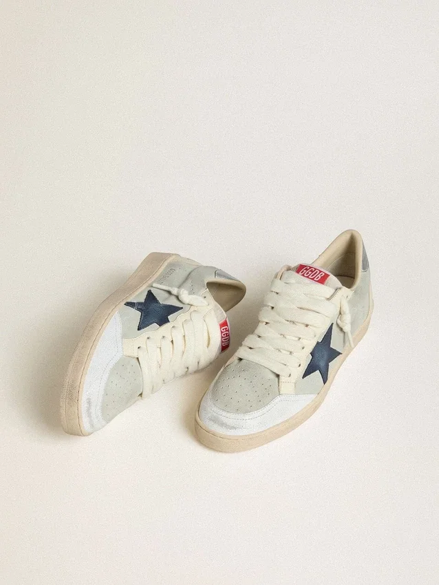 Zapatillas Ball Star para hombre en ante gris con estrella de nubuck azul y lengüeta del talón de piel laminada