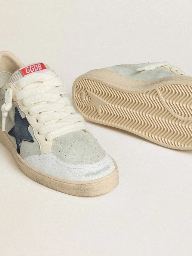 Zapatillas Ball Star para hombre en ante gris con estrella de nubuck azul y lengüeta del talón de piel laminada