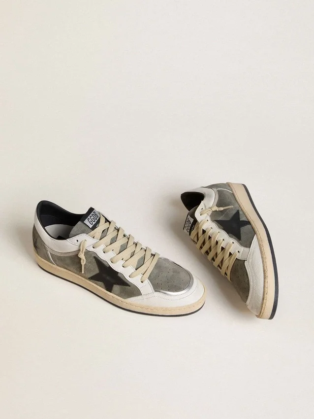 Zapatillas Ball Star para hombre en ante gris con estrella de piel negra e inserciones de piel napa blanca