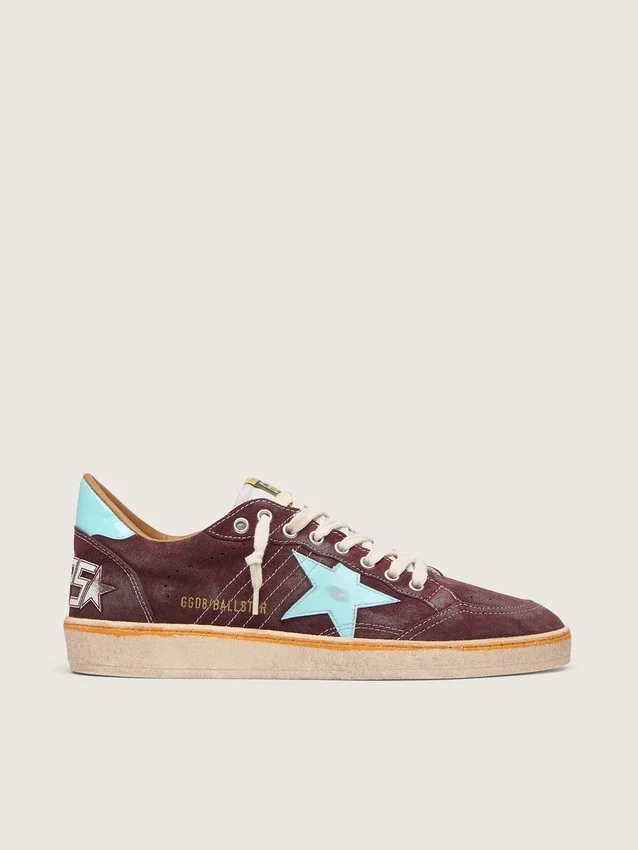 Zapatillas Ball Star para hombre en ante rojo oscuro con estrella y lengüeta del talón en azul claro