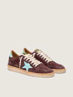 Zapatillas Ball Star para hombre en ante rojo oscuro con estrella y lengüeta del talón en azul claro