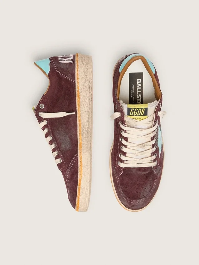 Zapatillas Ball Star para hombre en ante rojo oscuro con estrella y lengüeta del talón en azul claro