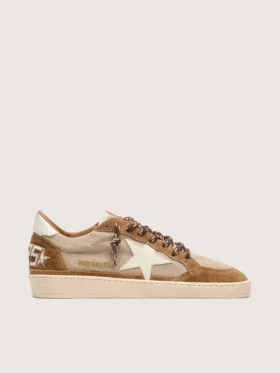 Zapatillas Ball Star para hombre en lana con estrella de piel color crema e inserciones de piel encerada marrón