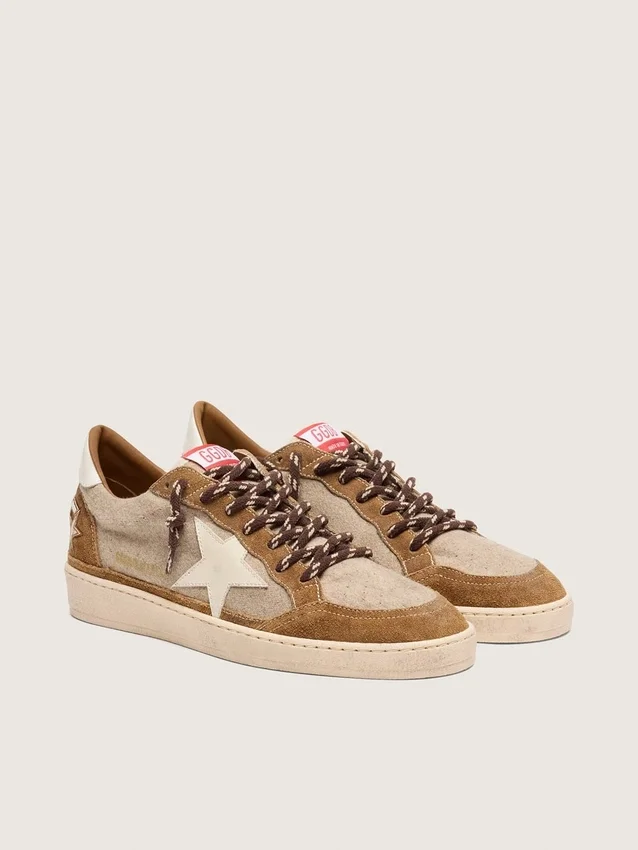 Zapatillas Ball Star para hombre en lana con estrella de piel color crema e inserciones de piel encerada marrón