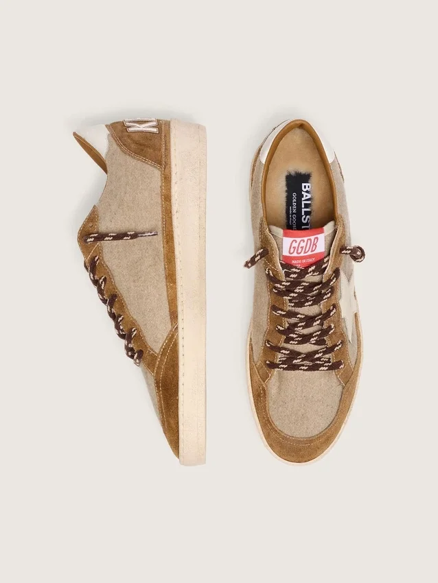 Zapatillas Ball Star para hombre en lana con estrella de piel color crema e inserciones de piel encerada marrón
