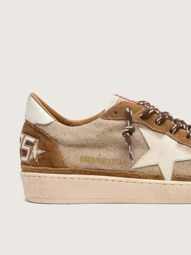 Zapatillas Ball Star para hombre en lana con estrella de piel color crema e inserciones de piel encerada marrón