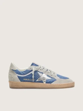 Zapatillas Ball Star para hombre en nailon azul vaquero con inserciones de ante gris claro y estrella de piel plateada metalizada
