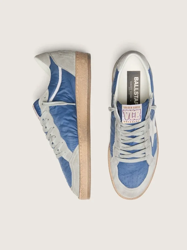 Zapatillas Ball Star para hombre en nailon azul vaquero con inserciones de ante gris claro y estrella de piel plateada metalizada