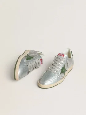 Zapatillas Ball Star para hombre en nailon plateado con estrella de piel verde y lengüeta en el talón