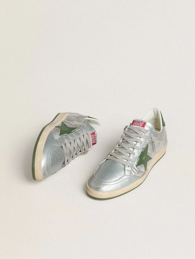 Zapatillas Ball Star para hombre en nailon plateado con estrella de piel verde y lengüeta en el talón