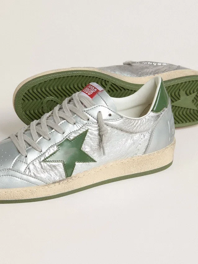 Zapatillas Ball Star para hombre en nailon plateado con estrella de piel verde y lengüeta en el talón