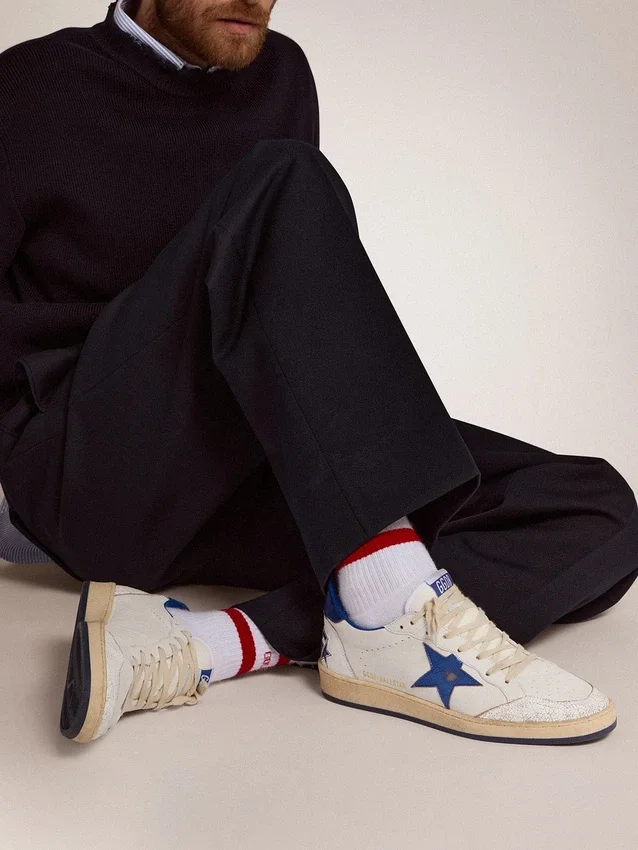 Zapatillas Ball Star para hombre en napa blanca con estrella y lengüeta del talón azules