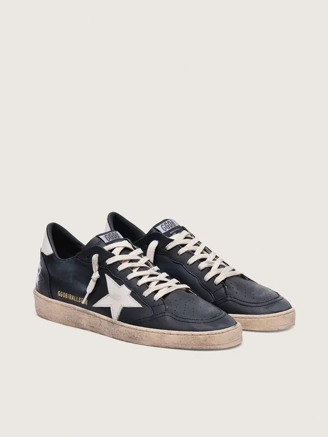 Zapatillas Ball Star para hombre en napa negra con estrella y lengüeta del talón de piel blanca