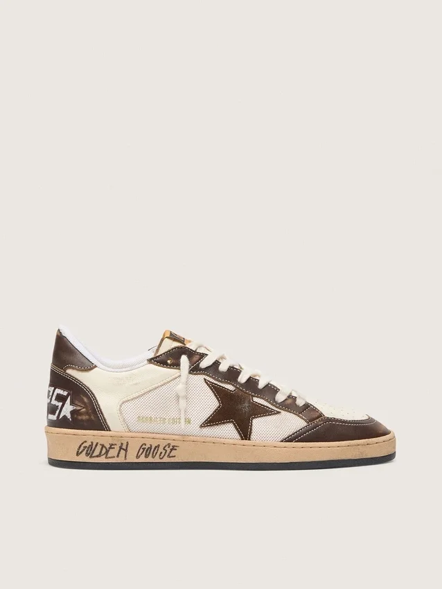 Zapatillas Ball Star para hombre en napa y malla con estrella de ante e inserciones de piel marrón