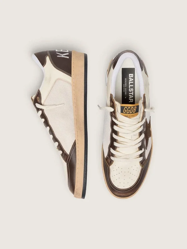 Zapatillas Ball Star para hombre en napa y malla con estrella de ante e inserciones de piel marrón
