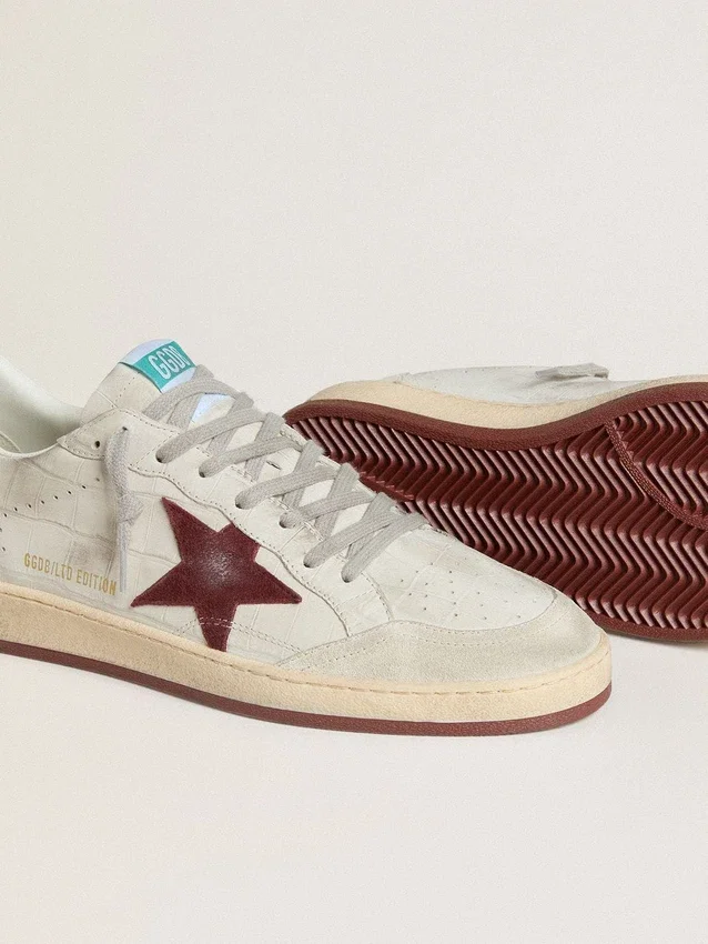 Zapatillas Ball Star para hombre en nubuck con estampado de cocodrilo y estrella de ante burdeos