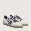 Zapatillas Ball Star para hombre en piel blanca con estrella de piel azul oscuro y lengüeta del talón de piel laminada plateada