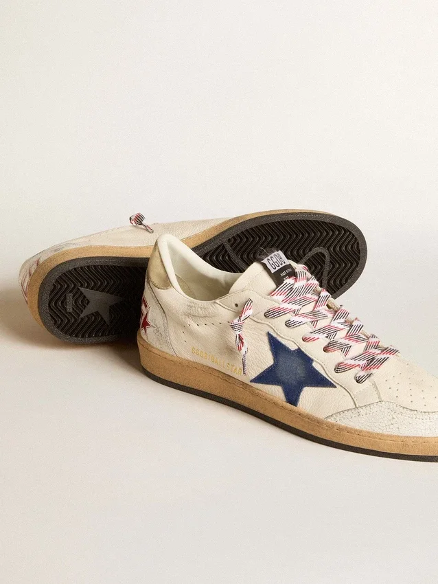 Zapatillas Ball Star para hombre en piel napa con estrella de ante azul y lengüeta trasera de piel platino