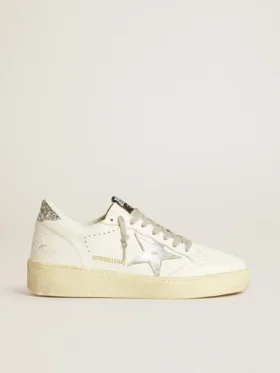 Zapatillas Ball Star para mujer con estrella de piel plateada y lengüeta del talón con purpurina plateada