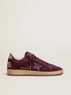 Zapatillas Ball Star para mujer en ante burdeos con estrella de cristal y lengüeta del talón de piel metalizada