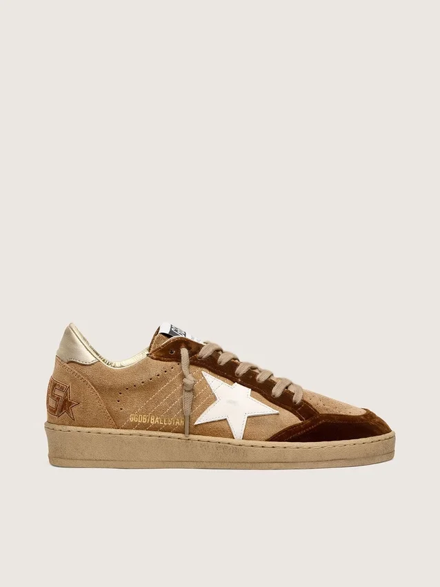 Zapatillas Ball Star para mujer en ante color tabaco con estrella de piel blanca e inserciones de terciopelo color coñac