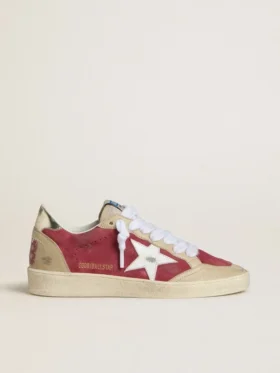 Zapatillas Ball Star para mujer en ante rojo con estrella de ante blanco craquelado y lengüeta del talón de piel platino