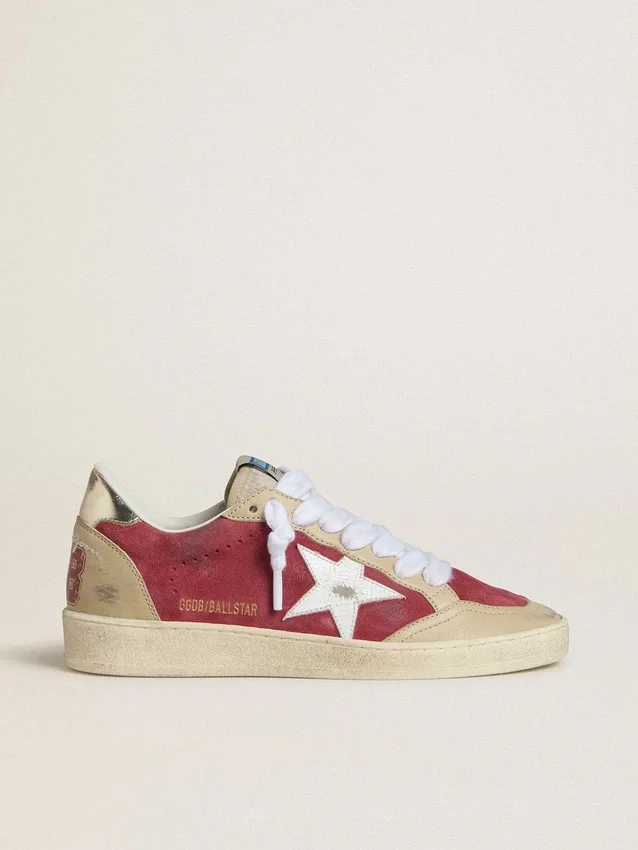 Zapatillas Ball Star para mujer en ante rojo con estrella de ante blanco craquelado y lengüeta del talón de piel platino