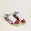 Zapatillas Ball Star para mujer en ante rojo con estrella de ante blanco craquelado y lengüeta del talón de piel platino
