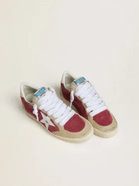 Zapatillas Ball Star para mujer en ante rojo con estrella de ante blanco craquelado y lengüeta del talón de piel platino
