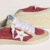 Zapatillas Ball Star para mujer en ante rojo con estrella de ante blanco craquelado y lengüeta del talón de piel platino