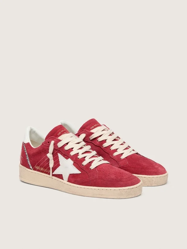 Zapatillas Ball Star para mujer en ante rojo con estrella y lengüeta del talón de piel blanca