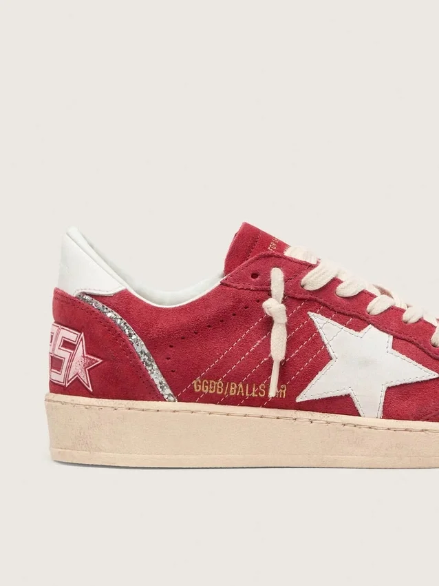 Zapatillas Ball Star para mujer en ante rojo con estrella y lengüeta del talón de piel blanca